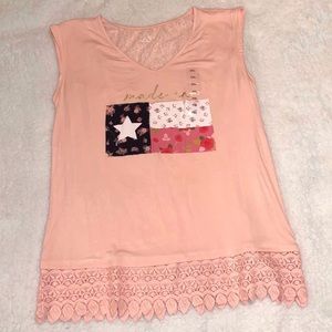 New South Main Texas Flag Pink Floral Lace Pajama Top Size XXL Short Sleeve